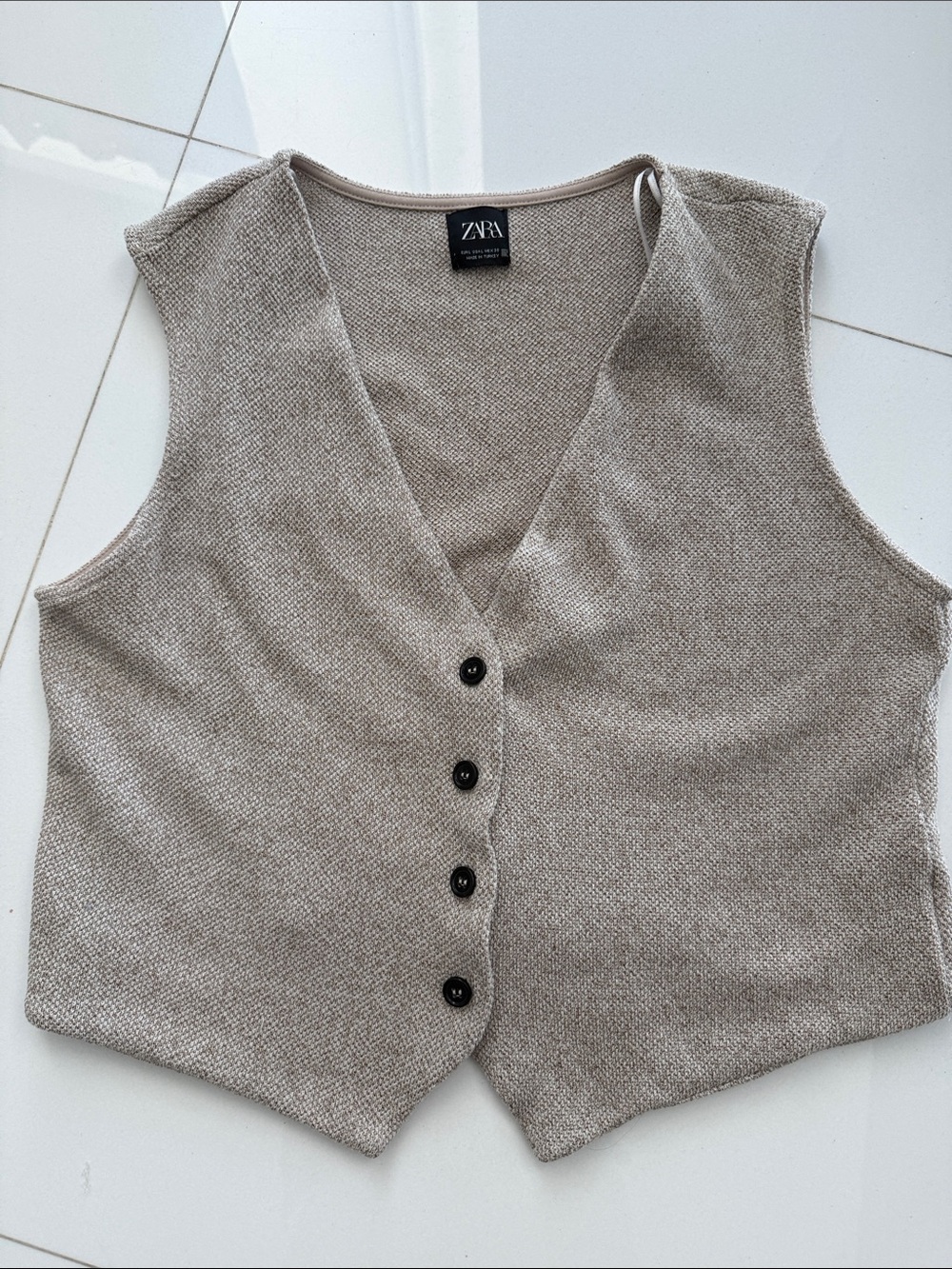 ZARA Taupe Textured Knit Button Vest